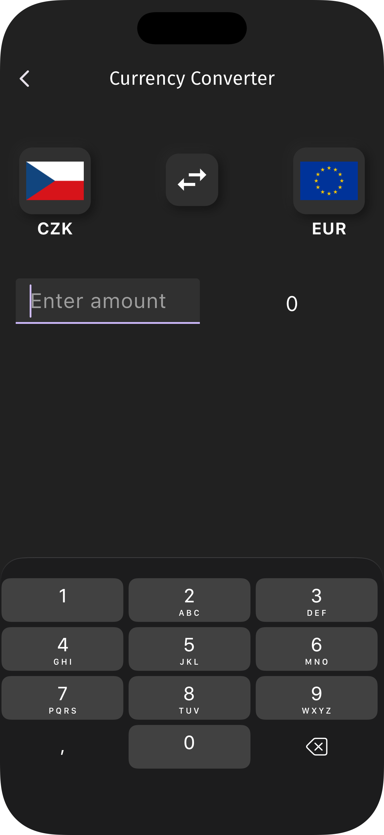 FX Europe currency converter showing CZK to EUR conversion