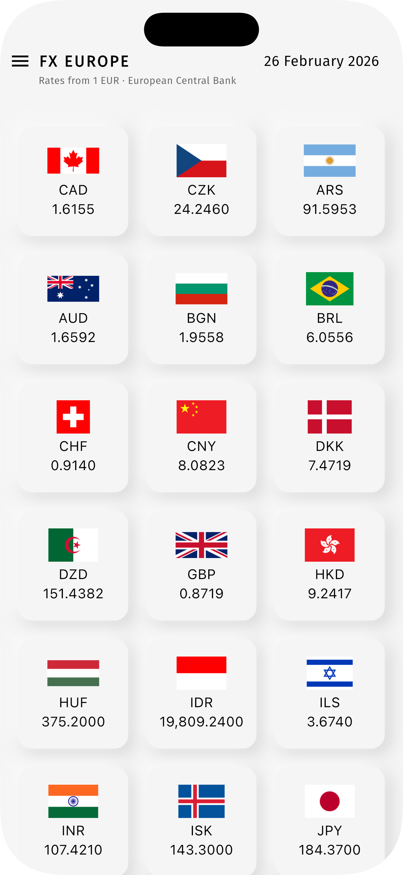 FX Europe app showing live ECB exchange rates for 30+ currencies