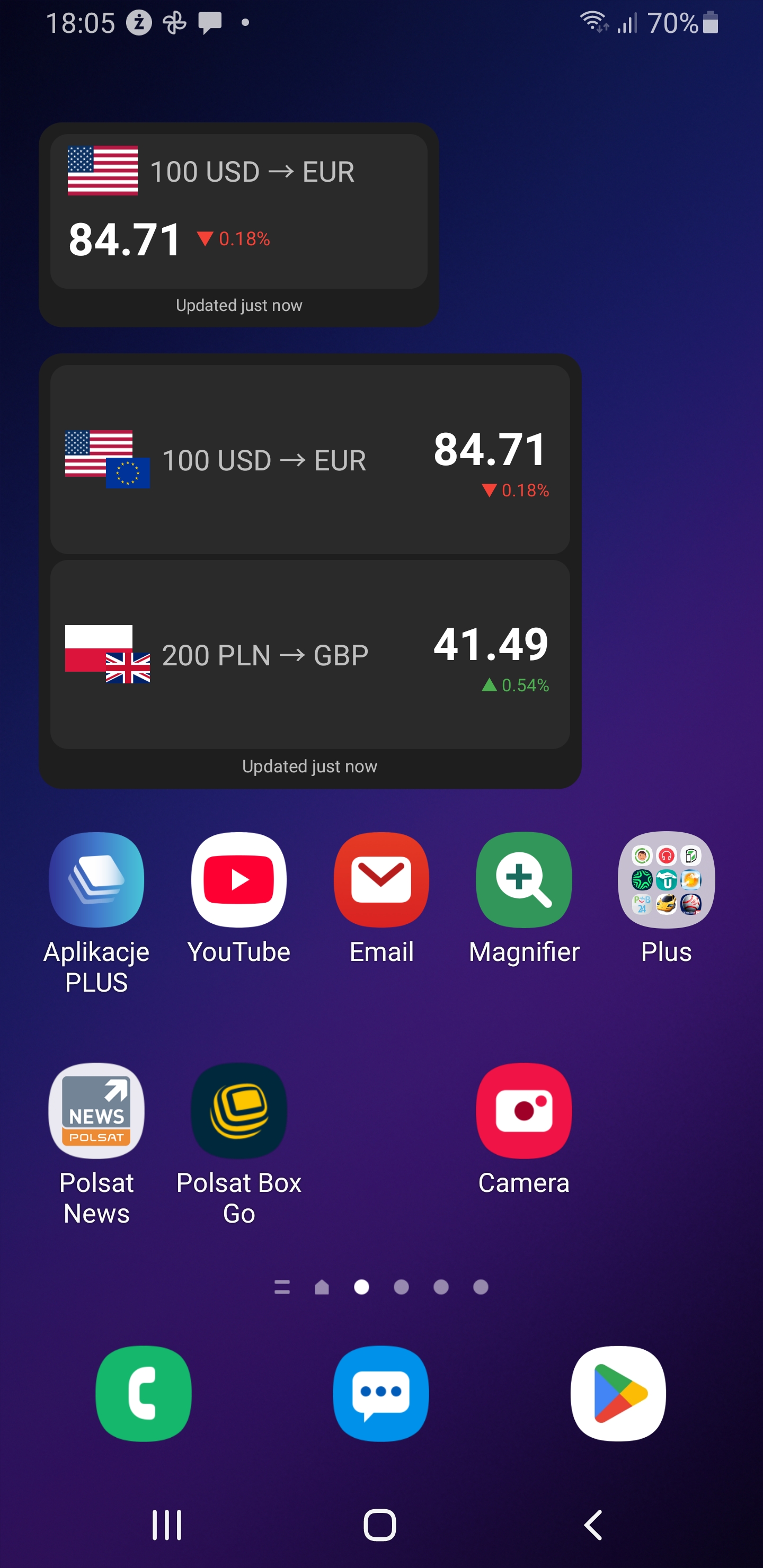 FX Europe home screen widgets showing 100 USD to EUR conversion and 200 PLN to GBP with live percentage changes