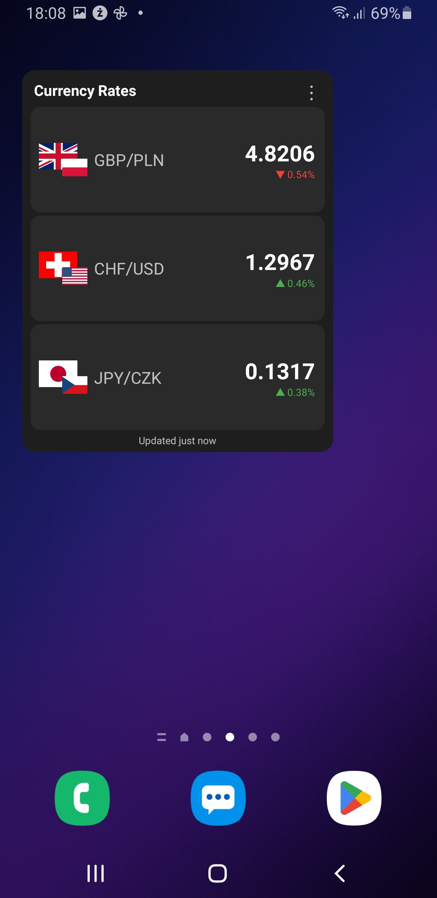 FX Europe 3-pair currency rates widget showing GBP/PLN, CHF/USD and JPY/CZK with live updates